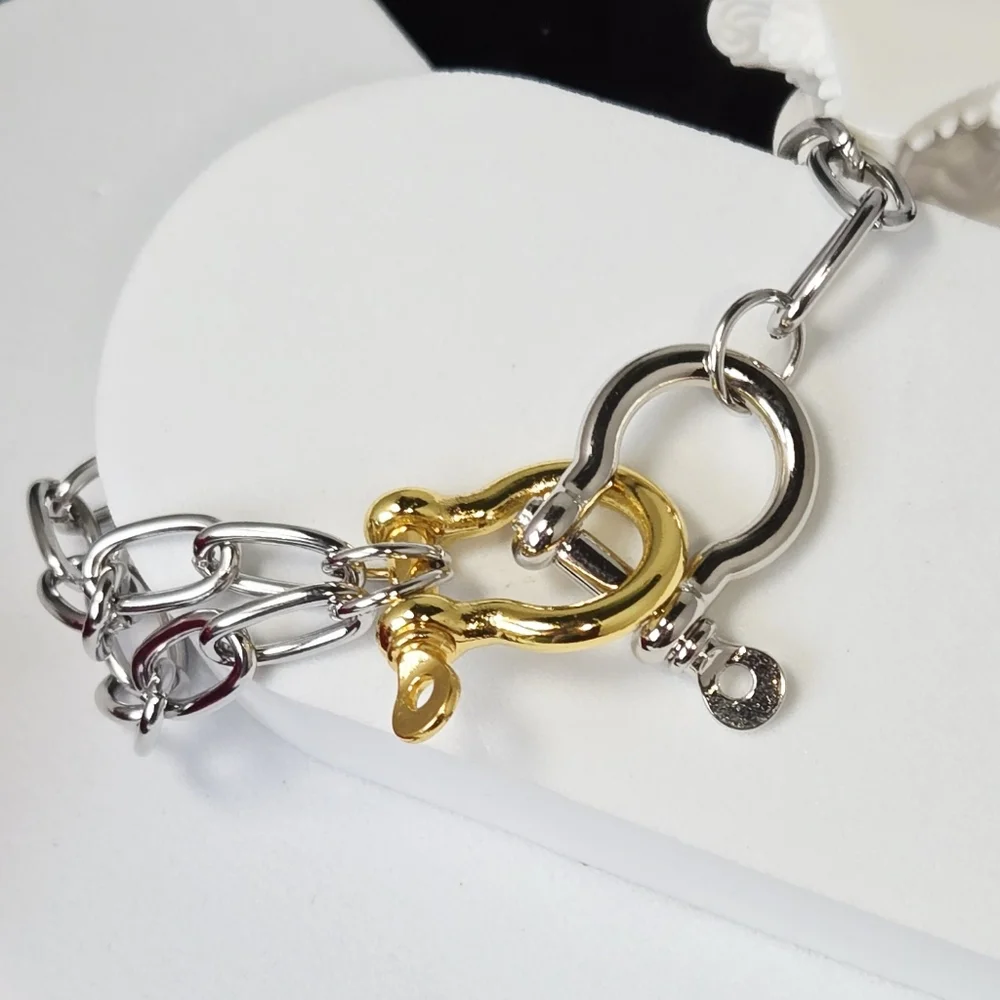 Two-Tone Chunky Paperclip Link Bracelet Silver Gold Horseshoe Shackle Carabiner
